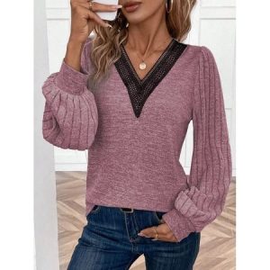 V Neck Long Sleeve Plain Lace Regular Micro-Elasticity Loose Blouse For Women, Blouses, color:Red|size:XXL, catalog Noracora shop