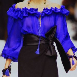Cold Shoulder Off Shoulder Sleeve Gathered Elegant Plain Blouse, Blouses and Shirts, color:Blue|size:XXL, Stylewe