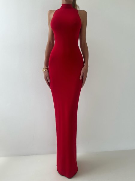 Elegant Stand Collar Sleeveless Maxi Dress, Maxi Dresses, color:Red|size:XXL, Stylewe