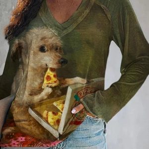 Casual Dog V Neck Long Sleeve T-shirt, T-shirts, color:darkgreen|size:5XL, catalog Noracora shop