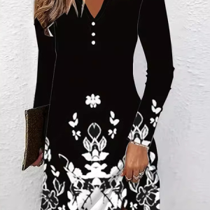 Women Floral V Neck Long Sleeve Comfy Casual Mini Dress, Short, color:Black|size:L, catalog Noracora shop