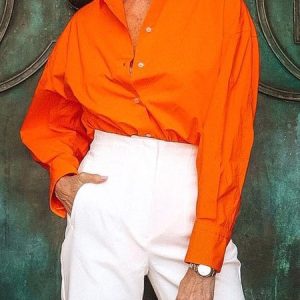 Shirt Collar Urban Plain Loose Shirt, Blouses and Shirts, color:Orange|size:XXL, Stylewe