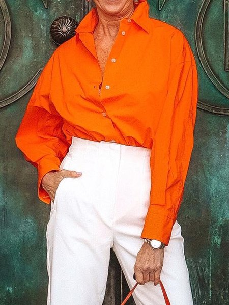 Shirt Collar Urban Plain Loose Shirt, Blouses and Shirts, color:Orange|size:XXL, Stylewe
