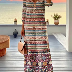 Women Ethnic V Neck Long Sleeve Comfy Casual Maxi Dress, Maxi, color:Red|size:3XL, catalog Noracora shop