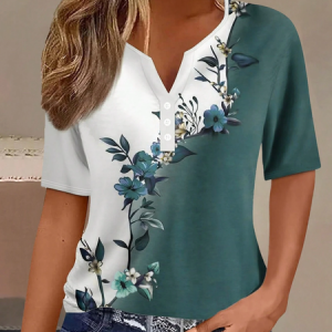 Notched Short Sleeve Floral Buckle Regular Medium Elasticity Regular Fit Blouse For Women, Blouses, color:Green|size:XXL, catalog Noracora shop