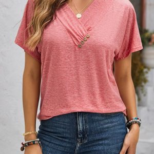 Short Sleeve Plain Buckle Regular Micro-Elasticity Loose Shirt For Women, T-shirts, color:Red|size:XXL, catalog Noracora shop
