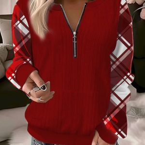 Casual Crew Neck Plaid Sweatshirt Zipper, Hoodies & Sweatshirts, color:Red|size:3XL, catalog Noracora shop