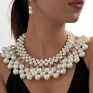 1 Set Elegant Imitation Pearl Jewelry Set Exaggerated Beaded  Necklace, Jewelry, color:As Picture|size:One-size, Stylewe