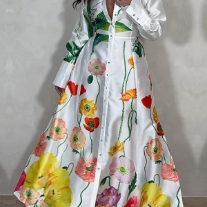 Floral Regular Sleeve Urban Regular Fit Shirt Collar Long Sleeve Shirt Dress With Belt, Maxi Dresses, color:As Picture|size:XXL, Stylewe