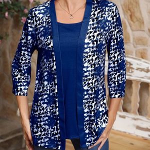 Crew Neck Long Sleeve Floral Regular Micro-Elasticity Loose Mock Two-Piece Blouse For Women, Blouses, color:Deep Blue|size:XXL, catalog Noracora shop