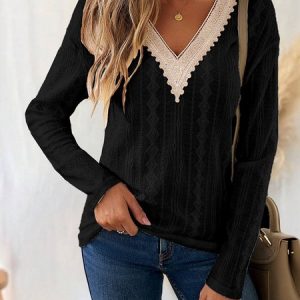 V Neck Long Sleeve Plain Lace Regular Regular Fit Blouse For Women, Blouses, color:Black|size:XL, catalog Noracora shop