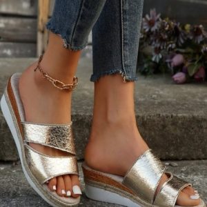 Casual Plain Slip On Block Heel Wedge Sandals, Women shoes, color:Champagne|size:42, catalog Noracora shop