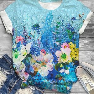 Casual Floral Crew Neck Short Sleeve T-shirt, T-shirts, color:Color4|size:3XL, catalog Noracora shop