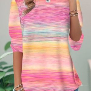 Casual Geometric Crew Neck Long Sleeve T-shirt, T-shirts, color:Pink|size:XXL, catalog Noracora shop