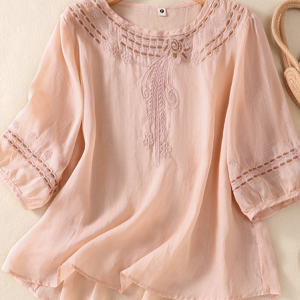 Shirt Collar Short Sleeve Plain Embroidery Regular Loose Blouse For Women, Blouses, color:Pink|size:XXL, catalog Noracora shop