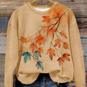 Casual Crew Neck Maple Leaf Sweatshirt, Hoodies & Sweatshirts, color:Light Orange|size:XXL, catalog Noracora shop