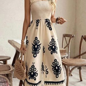 Women Sleeveless Spaghetti Loose Long Daily Vacation Random Print Natural Cami Jumpsuit, Jumpsuits&Rompers, color:Off White|size:XXL, catalog Noracora shop