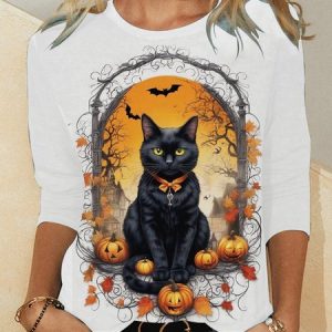Vintage Cat Crew Neck Long Sleeve T-shirt, Blouses, color:White|size:XXL, catalog Noracora shop