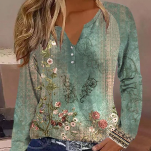 Notched Long Sleeve Ethnic Lace Regular Micro-Elasticity Loose Blouse For Women, Blouses, color:Green|size:3XL, catalog Noracora shop