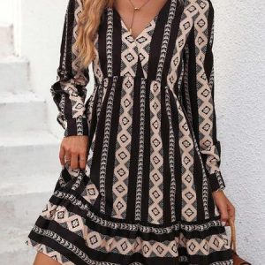 Women Ethnic V Neck Long Sleeve Comfy Ethnic Printing Midi Dress, Dresses, color:Black|size:3XL, catalog Noracora shop