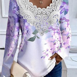 Long Sleeve Floral Lace Regular Loose Blouse For Women, Blouses, color:Purple|size:5XL, catalog Noracora shop