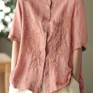Crew Neck Short Sleeve Embroidery Patterns Regular Loose Shirt For Women, Shirts, color:Pink|size:XXL, catalog Noracora shop