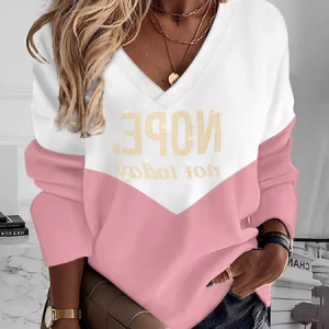 Casual V Neck Color Block Sweatshirt, Hoodies & Sweatshirts, color:Pink|size:XL, catalog Noracora shop
