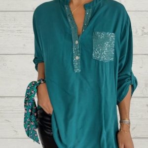 V Neck Long Sleeve Plain Glitter Regular Loose TUNIC Blouse For Women, Blouses, color:Cyan|size:3XL, catalog Noracora shop
