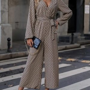 Women Long Sleeve V Neck Regular Fit Long Daily Casual Geometric Natural Jumpsuit, Jumpsuits&Rompers, color:Khaki|size:3XL, catalog Noracora shop