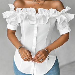 Off The Shoulder Short Sleeve Plain Regular Regular Fit Blouse For Women, Blouses, color:White|size:XXL, catalog Noracora shop