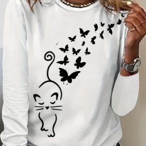 Casual Butterfly Crew Neck Long Sleeve T-shirt, T-shirts, color:White|size:XXL, catalog Noracora shop