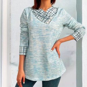 V Neck Long Sleeve Plain Chain Regular Regular Fit Blouse For Women, Blouses, color:Blue|size:XXL, catalog Noracora shop