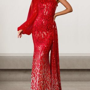 Women Plain Asymmetrical Collar Long Sleeve Comfy Sexy Maxi Dress, Dresses, color:Red|size:XL, catalog Noracora shop