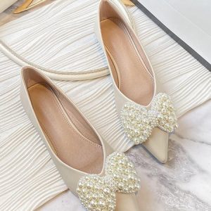 Elegant Imitation Pearl Bow Decor Shallow Shoes, Flats, color:Apricot|size:43, Stylewe