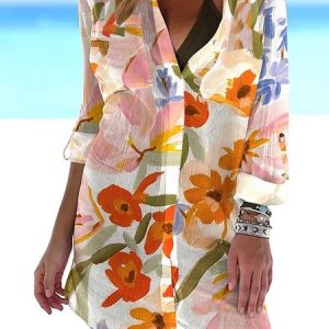 Women Floral Shirt Collar Short Sleeve Comfy Casual Short Dress, Dresses, color:Red|size:XXL, catalog Noracora shop