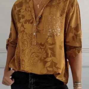 Elegant Long Sleeve Floral Pocket Stitching Regular Loose TUNIC Blouse For Women, Shirts, color:Brown|size:3XL, catalog Noracora shop