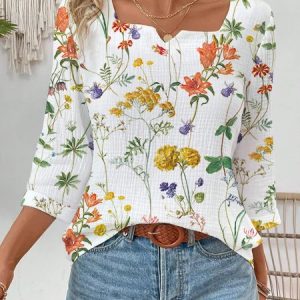 Notched Three Quarter Sleeve Floral Regular Loose Blouse For Women, Blouses, color:White|size:XXL, catalog Noracora shop