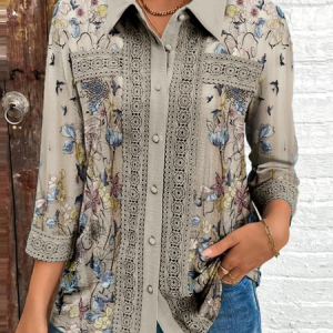 Shirt Collar Three Quarter Sleeve Floral Regular Loose Shirt For Women, Blouses, color:Khaki|size:XXL, catalog Noracora shop