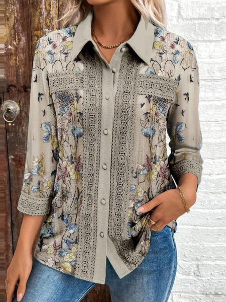 Women's Three Quarter Sleeve Shirt Spring/Fall Floral Shirt Collar Daily Going Out Casual Top Khaki, JustFashionNow Shirts & Blouses, color:Khaki|size:XXL,