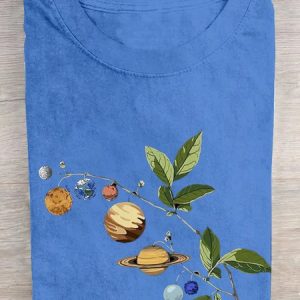 Casual Leaf Planet Print Crew Neck Short Sleeve T-shirt, T-shirts, color:Blue|size:3XL, catalog Noracora shop