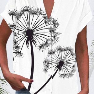 V Neck Short Sleeve Dandelion Buckle Regular Micro-Elasticity Loose Shirt For Women, Shirts, color:Black-white|size:5XL, catalog Noracora shop