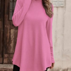 Casual Plain Turtleneck Long Sleeve T-shirt, Hoodies & Sweatshirts, color:Rose Red|size:XXL, catalog Noracora shop