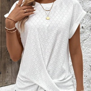 Crew Neck Short Sleeve Plain Knot Front Regular Micro-Elasticity Loose Shirt For Women, Blouses, color:White|size:XXL, catalog Noracora shop