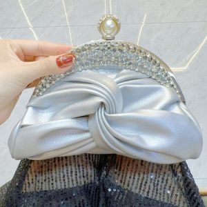 Elegant Imitation Pearl Knot Front Clutch Bag, Bags, color:Silver|size:One-size, Stylewe