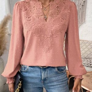 V Neck Long Sleeve Plain Lace Regular Regular Fit Blouse For Women, Blouses, color:Pink|size:XXL, catalog Noracora shop