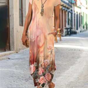 Women Abstract Crew Neck Short Sleeve Comfy Casual Pocket Stitching Maxi Dress, Maxi, color:Color8|size:3XL, catalog Noracora shop