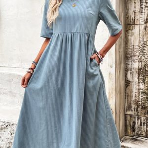 Women Striped Crew Neck Half Sleeve Comfy Casual Midi Dress, Dresses, color:Blue|size:XXL, catalog Noracora shop