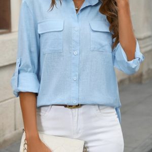 Women's Short Sleeve Shirt Summer Plain Embroidery Cotton And Linen Shirt Collar Daily Going Out Casual Top, JustFashionNow Shirts, color:Blue|size:XXL,