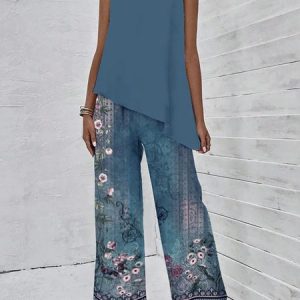 Women Floral Crew Neck Sleeveless Comfy Elegant Irregular Craftsmanship Top With Pants Two-Piece Set, Sets, color:Blue|size:XXL, catalog Noracora shop