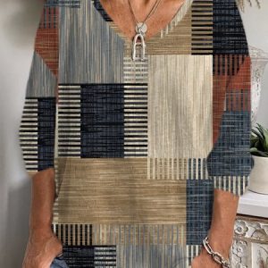 Casual Plaid V Neck Long Sleeve T-shirt, T-shirts, color:Multicolor|size:XXL, catalog Noracora shop